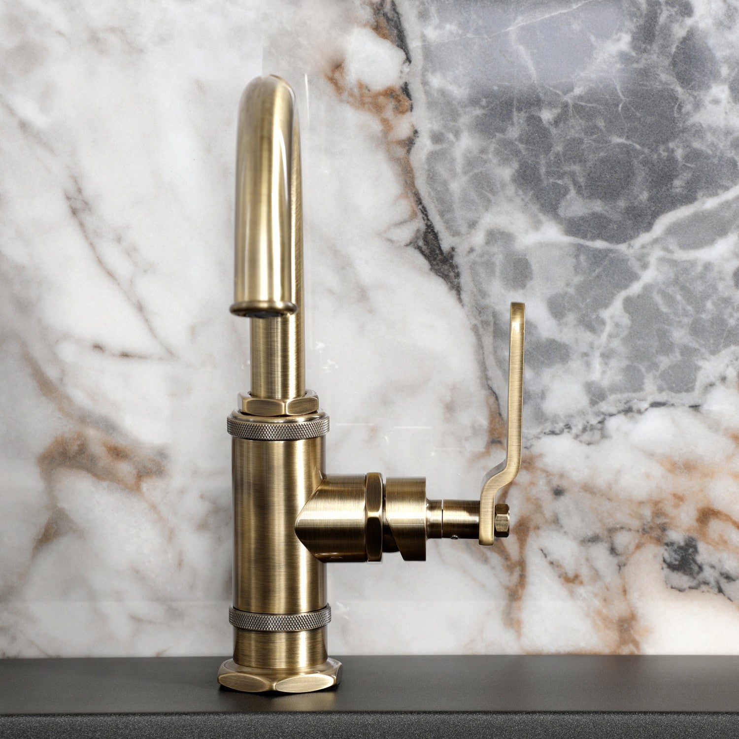 Kingston Sona KSD2213KL - Whitaker One-Handle 1-Hole Bathroom Faucet with Deck Plate and Push Pop-Up Drain, Antique Brass — thumbnail 2